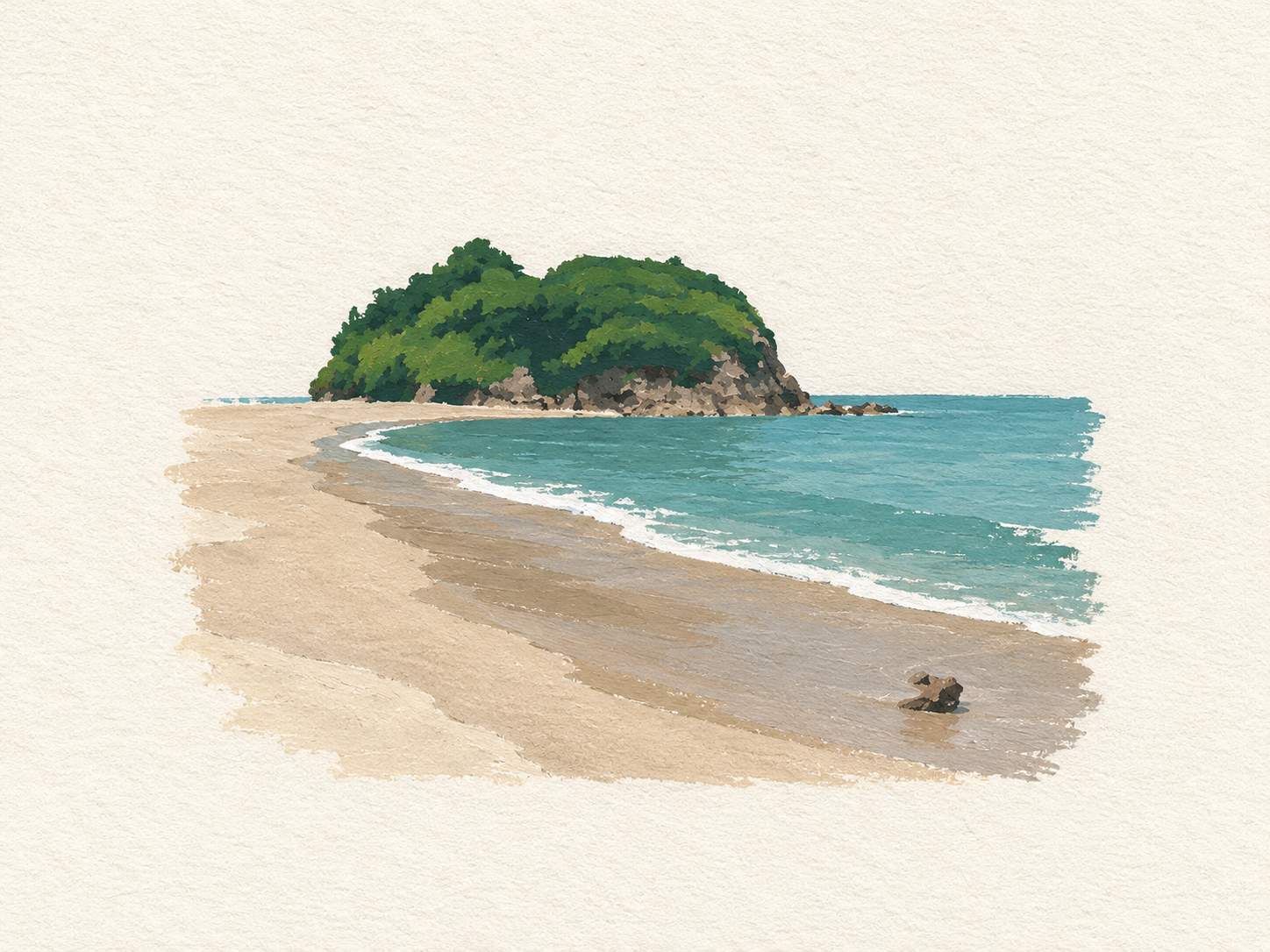 砂浜と青い海の向こうに緑の島が見えるイラスト