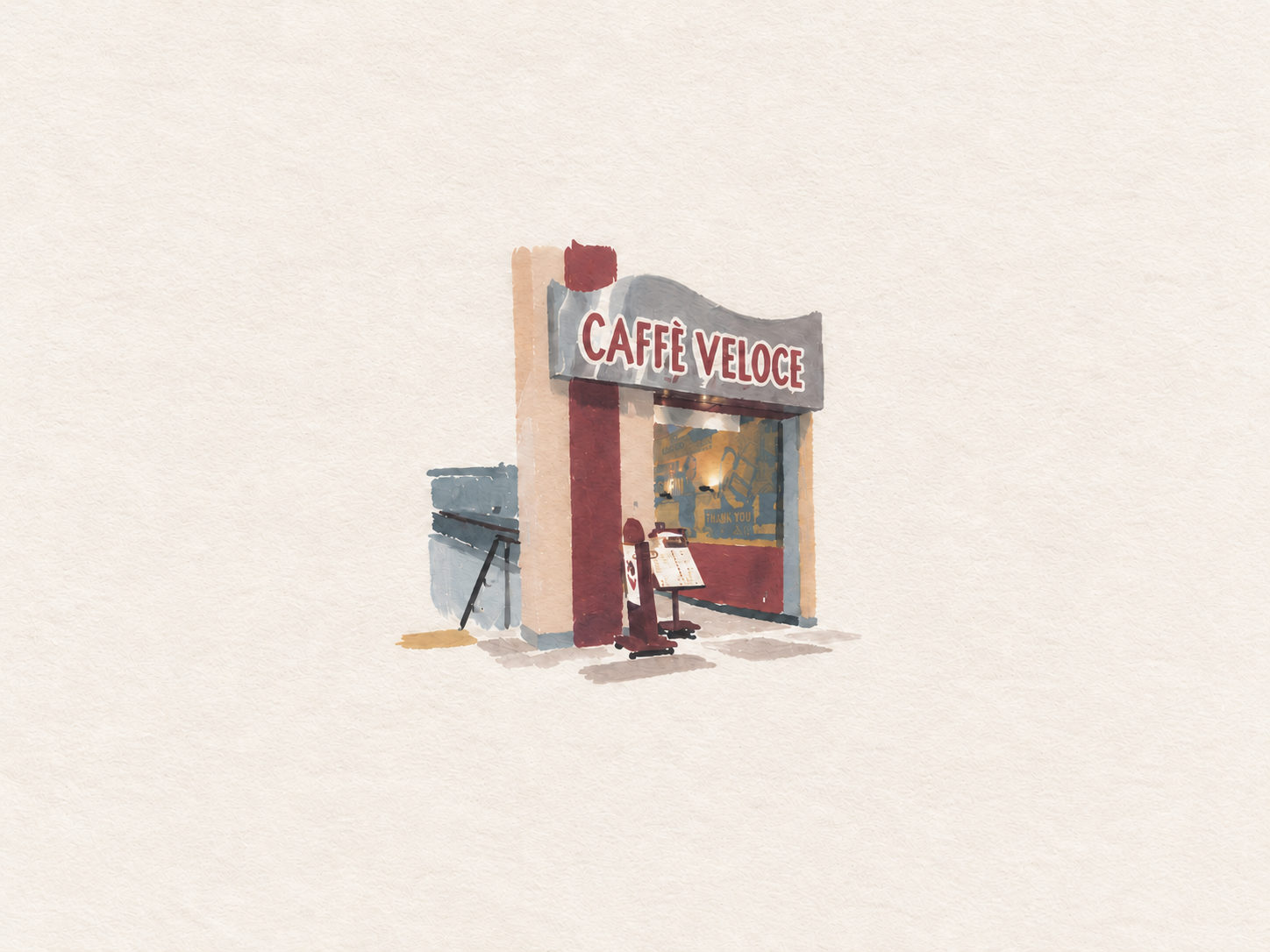 淡い紙の質感で描かれたカフェ・ベローチェの店頭